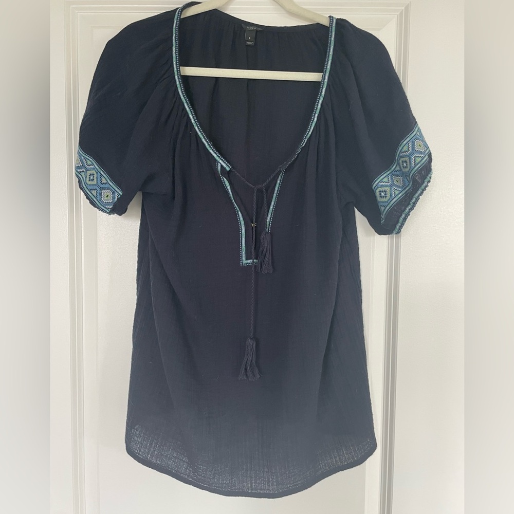 J. Crew Navy Blue Embroidered Cotton Top With Tie and Hook Closure